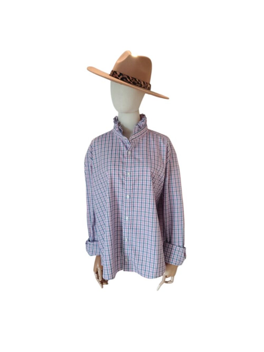 Reworked Women's Ruffled Collar Blouse Pink and Blue